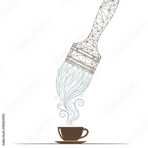 Creative brush painting coffee cup with steam in a low poly style.