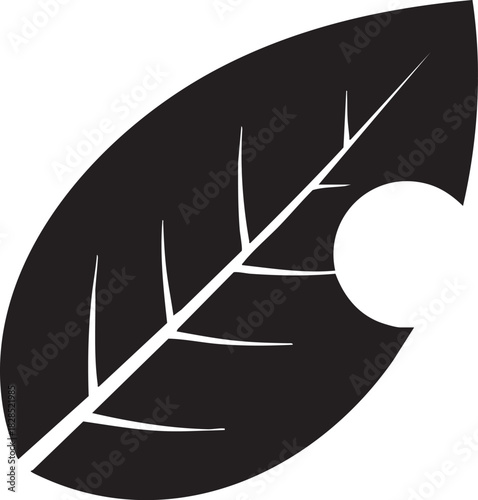 Black silhouette of a leaf with a bite mark isolated on transparent background