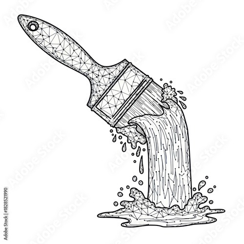 Polygonal paintbrush pouring a stream of liquid paint illustration.