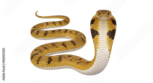 Isolated cobra with hood up, yellow and brown patterned snake ready to strike at any moment