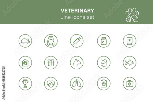 Set of icons related to pet friendly. Linear pictograms collection. Outline set of veterinary clinic icons for web design isolated on white background. Editable stroke