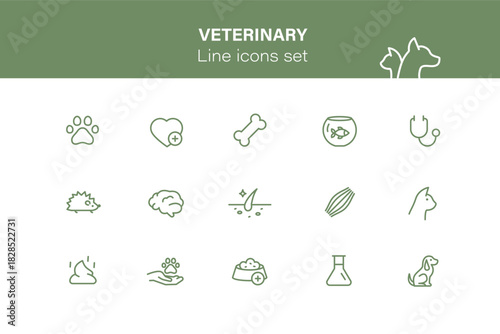 Set of icons related to animal friendly. Linear pictograms collection. Outline set of pets and veterinary clinic icons for web design isolated on white background.