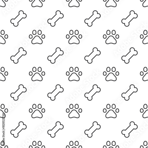 Black domestic pet paws and food bones seamless pattern. Animal repeat for doggie and pet products. Small elements all over print. Texture pattern, wallpaper template.