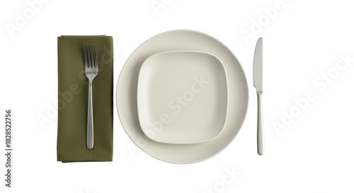 Isolated formal dining table setting with olive napkin, fork, knife, round and square plate