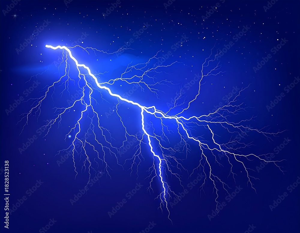 Fototapeta premium Vivid illustration showing a lightning bolt striking across a dark blue starry night sky