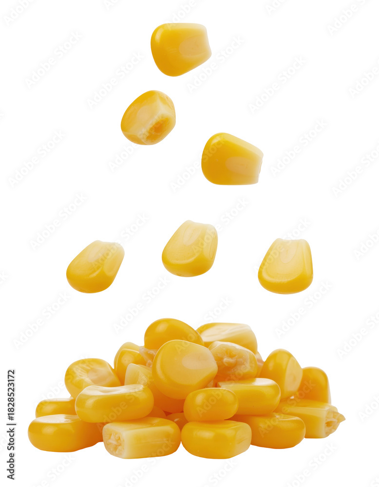 Fototapeta premium Flying Yellow Corn Kernels Falling Over a Pile of Fresh Corn on a Transparent Background