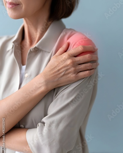 Woman experiencing shoulder pain highlighted with red glow