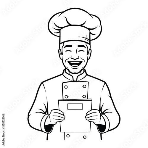 Chef Holding Menu Illustration cook restaurant food kitchen uniform hat professional cuisine culinary recipe cooking service catering