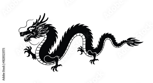 Minimalist flat 2D black and white vector illustration of a majestic Chinese dragon with a long, serpentine body gracefully isolated on a clean white background, symbolizing power and tradition.