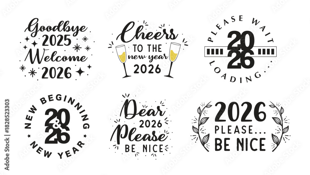 Fototapeta premium New Year 2026 Typography Vector Set – Inspirational Quotes & Decorative Designs