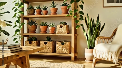 Bohemian Style Living Room Corner with Wooden Shelf Displaying Potted Plants, Snake Plant, Rattan Chair, and Wood Coffee Table for Cozy and Natural Home Decor
