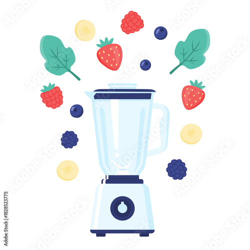 Electric blender with floating fresh berries, banana slices and green leaves for smoothie