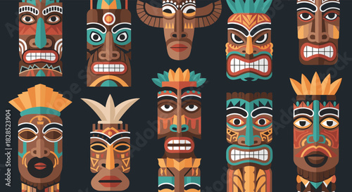 A collection of colorful and stylized tiki masks on a dark background.