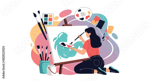 Creative woman painting on a canvas with a paintbrush and palette, surrounded by artistic tools and abstract shapes.
