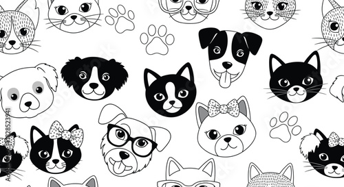Adorable monochrome illustration of various domestic animal faces, including dogs and cats, forming a seamless pattern with paw prints.
