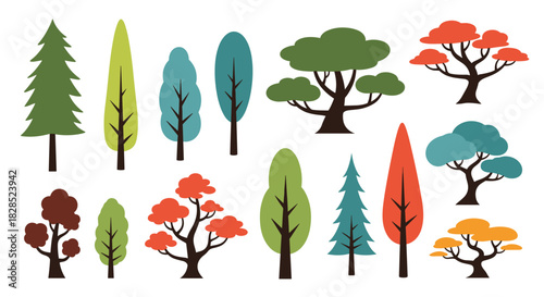Collection of stylized cartoon trees in various shapes, colors, and sizes on a white background.