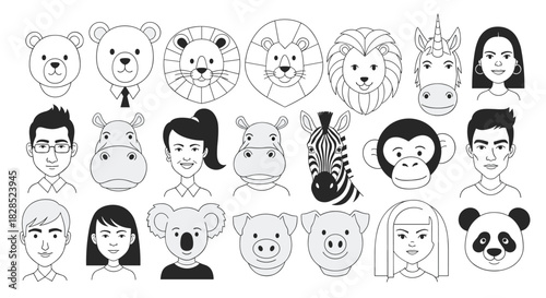 Set of diverse cartoon character outlines featuring a range of people and animals, showcasing simplicity and graphic style, suitable for illustrations.