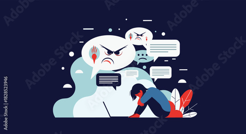 A person being cyberbullied with angry speech bubbles surrounding them.