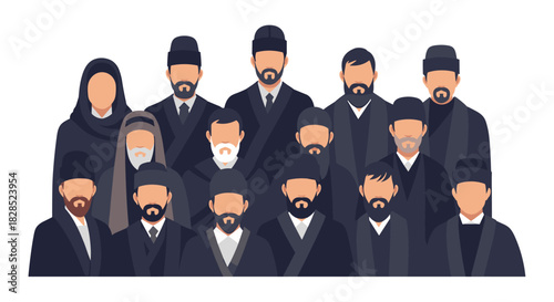 Stylized illustration of a group of people in traditional middle eastern attire, including hijabs and hats, with a neutral expression.