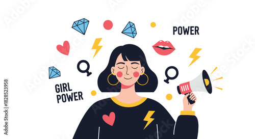 A vibrant illustration celebrating girl power and female empowerment with a confident woman holding a megaphone.