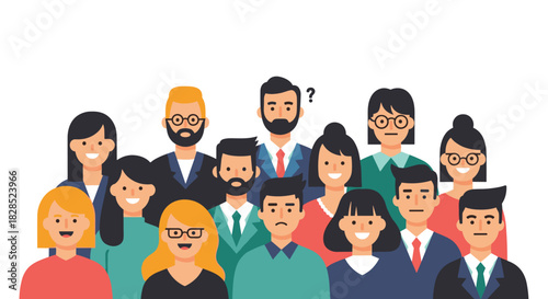 A diverse group of illustrated people stand together, with one person looking confused.