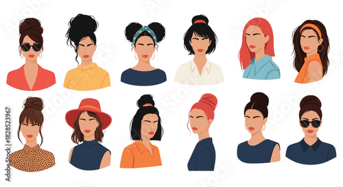 Stylish portrait illustrations of diverse women with various hairstyles and clothing, showcasing fashion and beauty trends.