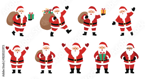 Diverse collection of Santa Claus characters in various poses, some carrying gift sacks or presents, all ready for Christmas.