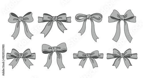 A collection of eight beautifully designed gray bows in various shapes and styles, suitable for decorative and gift-wrapping purposes.
