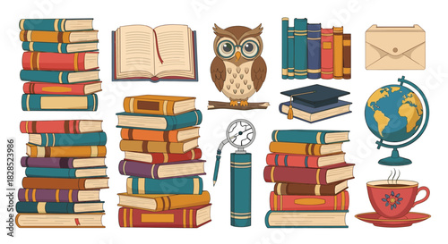 Cartoon illustration showcasing education and literature elements, including books, an owl, and a globe, ideal for library or learning themes.