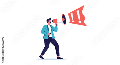 Man shouting through a megaphone with exclamation marks conveying a message or announcement.