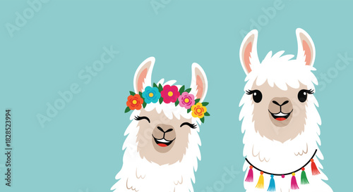 Two adorable cartoon llamas with flower crowns and smiling expressions on a blue background, perfect for a cheerful design project, poster, or invitation.