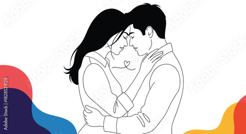 Couple embracing with foreheads touching and a delicate heart drawn between them as a symbol of their love.