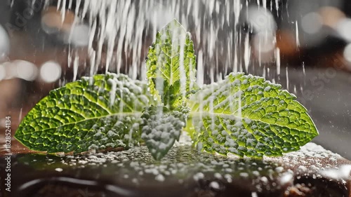 Refreshing Mint Sprig in Crystal Clear Water A CloseUp of Vibrant Green Leaves Showcasing Freshness and Purity in a Natural Invigorating Scene Ideal for Food and Beverage Concepts.