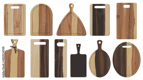 Assortment of Wooden Cutting Boards in Various Shapes and Wood Grain Patterns kitchenware cooking