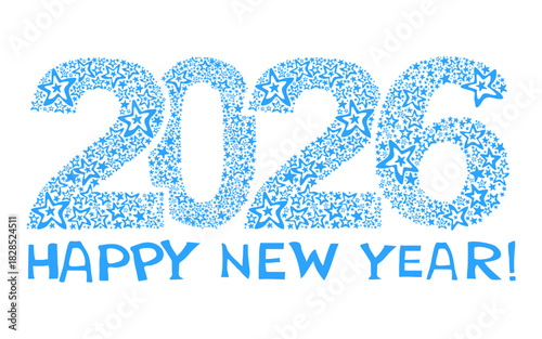 Happy new year 2026! Celebration white background with blue stars and place for your text.  Art design celebrate party invitation template. Decorate numbers 2026 Horizontal banner. vector illustration