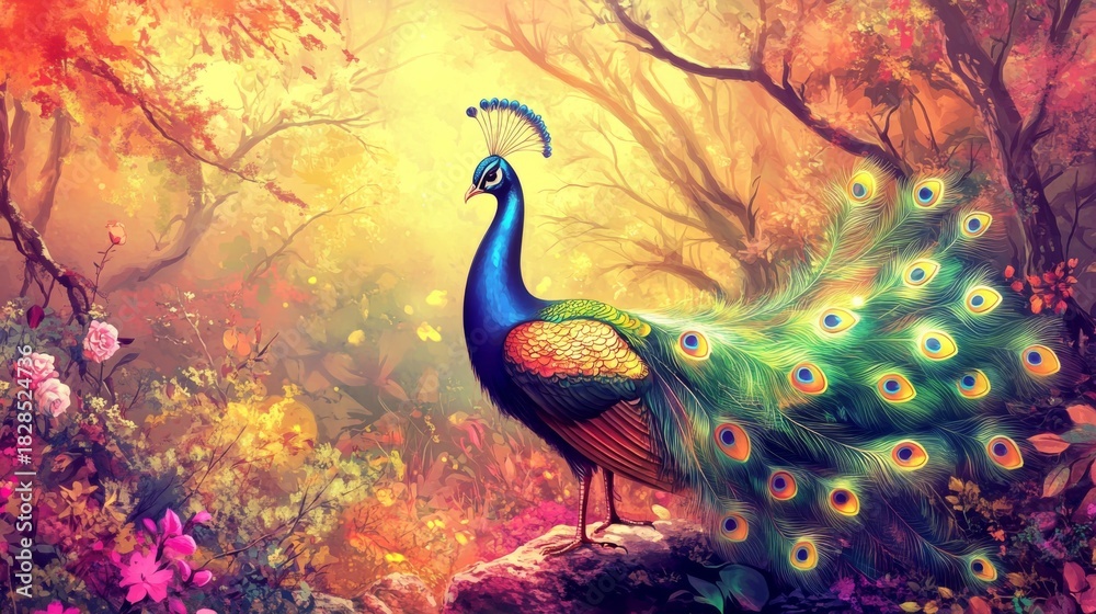 Fototapeta premium Digital illustration peacock beautiful garden standing rock its