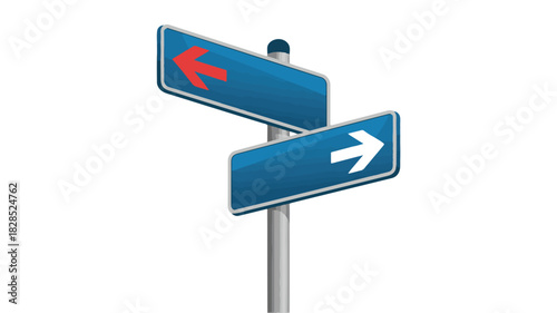 Blue Directional Signpost with Red Left and White Right Arrows on White Background road sign
