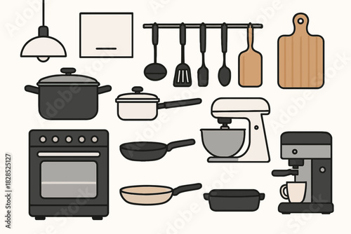 Collection of Kitchen Appliances and Utensils Vector Illustration.