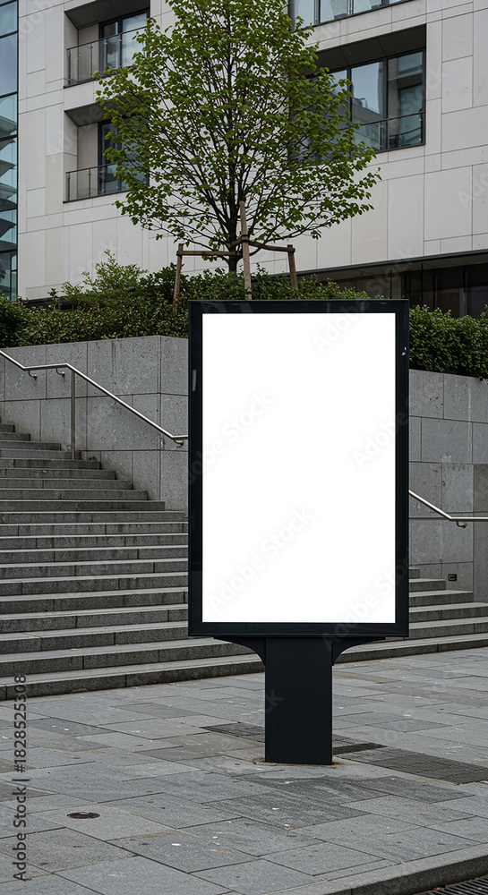 Fototapeta premium Blank billboard in urban environment with stairs and tree city s