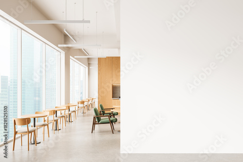 Empty white wall mockup in modern interior with wooden furniture and large windows in bright daylight setting for advertising or poster design template. 3D Rendering