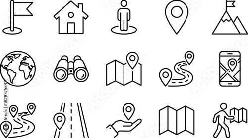 GPS Navigation and Travel Line Icons: Location Pinpoint, World Map, Destination Flag, Routing Path, and Adventure for Logistics, Mobile App, and Directional Guide.
