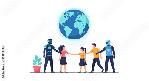 Diverse Group of People and Robots Holding Hands Underneath Earth Globe.