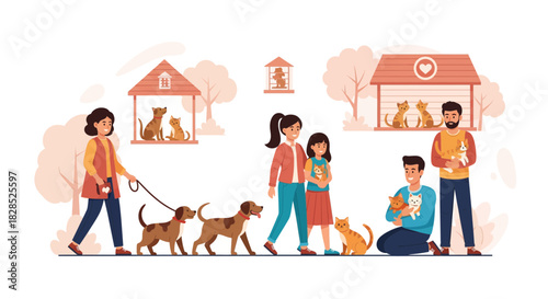 Diverse People Interacting with Pets at Animal Shelter.