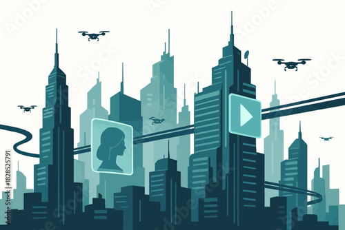 Futuristic Cityscape with Drones and Digital Displays.