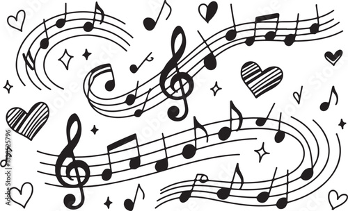 Obraz na plátně Music Notes and Hearts Seamless Pattern Design