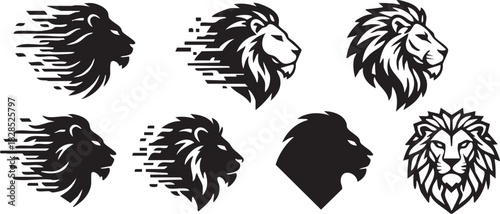 Collection of lion head silhouettes with dynamic mane effects isolated on transparent background