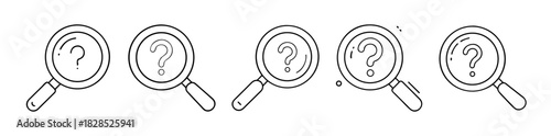 Question mark inside magnifying glass icons, line art vector set