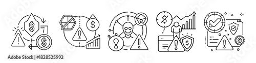 Financial, cybersecurity risk, warning, and protection vector icons