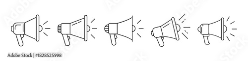 Outline megaphone icon set with sound waves for communication.