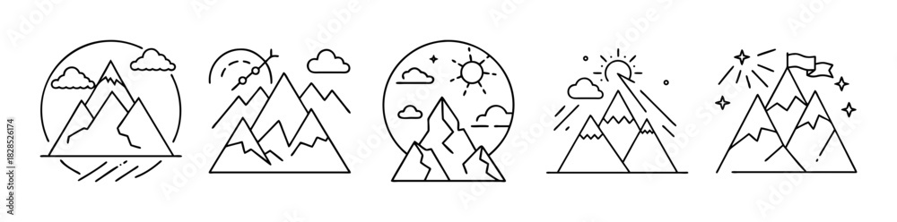 Fototapeta premium Mountain landscape vector line icons set for nature and achievement